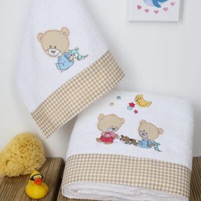 DIMcol ΠΕΤΣΕΤΑ ΣΕΤ 2 τεμ bebe HAPPY BEARS 21 30X50,70X140 ΛΕΥΚΟ/ΜΠΕΖ Cotton 100%