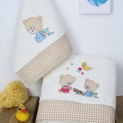 DIMcol ΠΕΤΣΕΤΑ ΣΕΤ 2 τεμ bebe HAPPY BEARS 22 30X50,70X140 ΕΚΡΟΥ/ΜΠΕΖ Cotton 100%