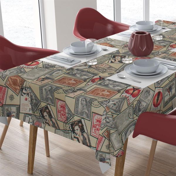 DIMcol ΑΛΕΚΙΑΣΤΟ ΣΕΤ 2 τεμ (ΤΡΑΠ/ΛΟ 140Χ220/ΤΡΑΒΕΡΣΑ 40Χ220) Vintage Post Stamps 482 Ecru Cott/Pol 70/30