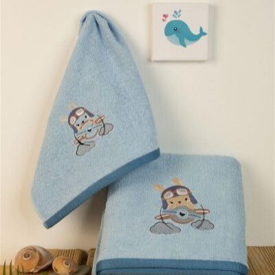 DIMcol ΠΕΤΣΕΤΑ Με Κέντημα Σετ 2 τεμ bebe Airplane 156 30X50,70X140 Σιελ 100% Cotton