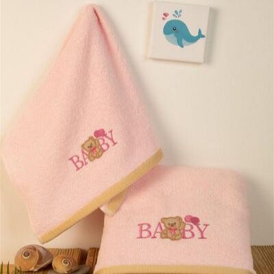 DIMcol ΠΕΤΣΕΤΑ Με Κέντημα Σετ 2 τεμ bebe Baby Bear 162 30X50,70X140 Ροζ 100% Cotton