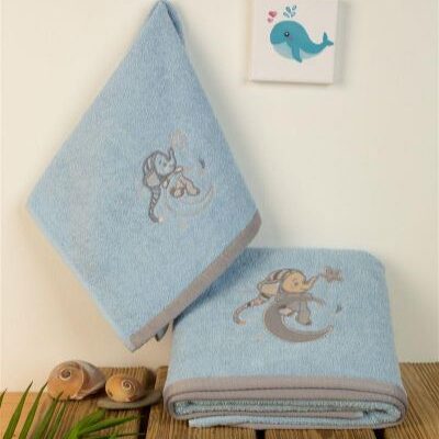 DIMcol ΠΕΤΣΕΤΑ Με Κέντημα ΣΕΤ 2 τεμ bebe Dreaming Elephant 166 30X50,70X140 Σιελ 100% Cotton