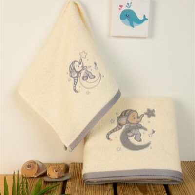 DIMcol ΠΕΤΣΕΤΑ Με Κέντημα ΣΕΤ 2 τεμ bebe Dreaming Elephant 169 30X50,70X140 Εκρού 100% Cotton