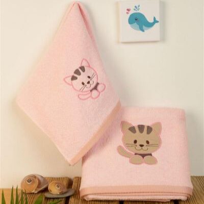 DIMcol ΠΕΤΣΕΤΑ Με Κέντημα Σετ 2 τεμ bebe Kitty 136 30X50,70X140 Ροζ 100% Cotton