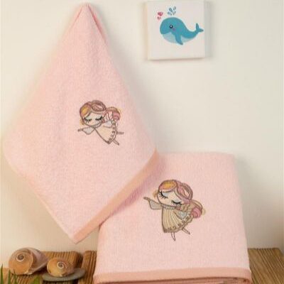 DIMcol ΠΕΤΣΕΤΑ Με Κέντημα Σετ 2 τεμ bebe Little Angel 141 30X50,70X140 Ροζ 100% Cotton