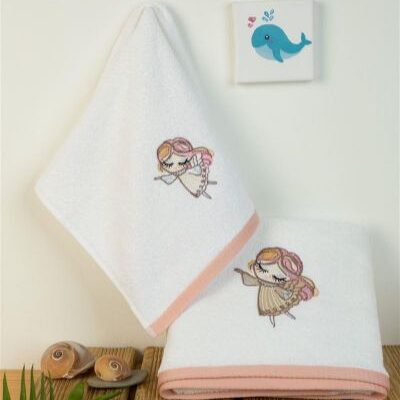 DIMcol ΠΕΤΣΕΤΑ Με Κέντημα Σετ 2 τεμ bebe Little Angel 142 30X50,70X140 Λευκό 100% Cotton