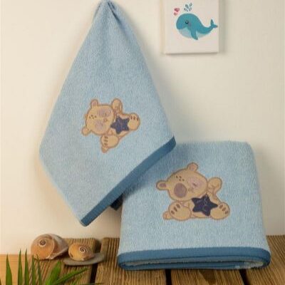 DIMcol ΠΕΤΣΕΤΑ Με Κέντημα Σετ 2 τεμ bebe Star Bear 151 30X50,70X140 Σιελ 100% Cotton