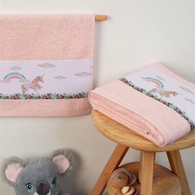 DIMcol ΠΕΤΣΕΤΑ Με Ψηφιακή Εκτύπωση Σετ 2 τεμ bebe Rainbow Unicorn 77 30X50,70X140 Ροζ 100% Cotton