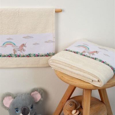 DIMcol ΠΕΤΣΕΤΑ Με Ψηφιακή Εκτύπωση Σετ 2 τεμ bebe Rainbow Unicorn 79 30X50,70X140 Εκρού 100% Cotton