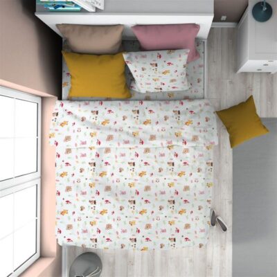 DIMcol Παπλωματοθήκη Εμπριμέ kids Forest Animals 571 160X240 White-Pink 100% Cotton