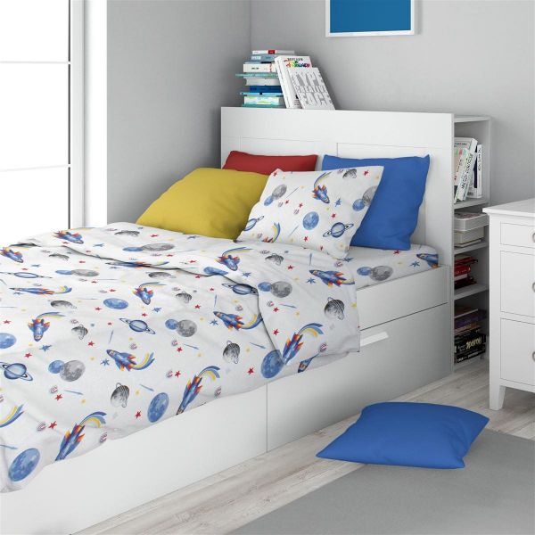 DIMcol Σεντόνια Εμπριμέ Σετ 3 τεμ kids Space Mission 184 160X240 White-Blue 100% Cotton