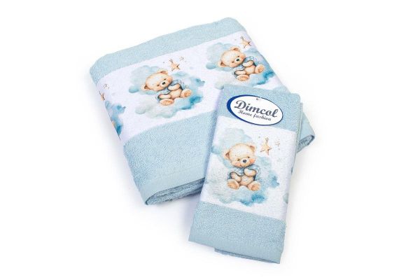 DIMcol Πετσέτα Σετ 2 τεμ Με Ψηφιακή Εκτύπωση bebe Cute Bear 301 30X50,70X140 Sky Blue 100% Cotton