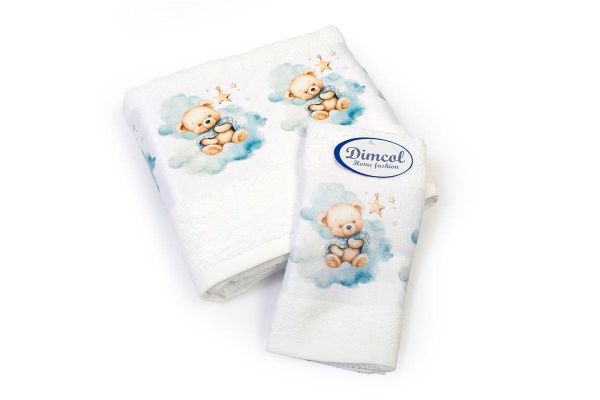 DIMcol Πετσέτα Σετ 2 τεμ Με Ψηφιακή Εκτύπωση bebe Cute Bear 302 30X50,70X140 White 100% Cotton