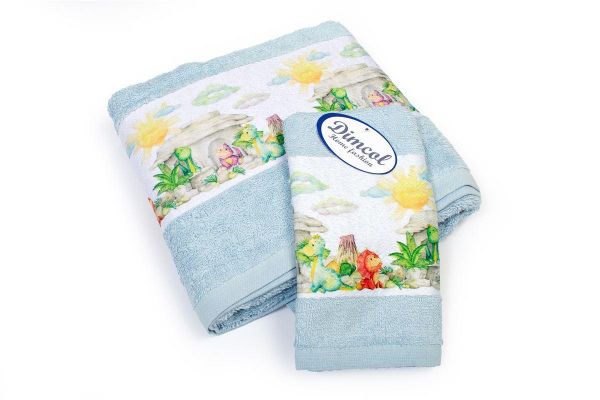 DIMcol Πετσέτα Σετ 2 τεμ Με Ψηφιακή Εκτύπωση bebe Dinosaurs 310 30X50,70X140 Sky Blue 100% Cotton