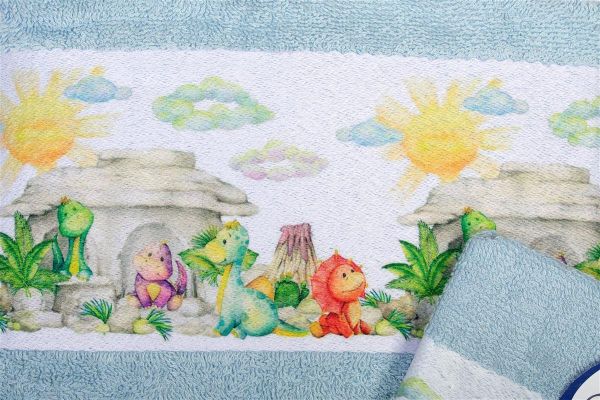 DIMcol Πετσέτα Σετ 2 τεμ Με Ψηφιακή Εκτύπωση bebe Dinosaurs 310 30X50,70X140 Sky Blue 100% Cotton - Image 2