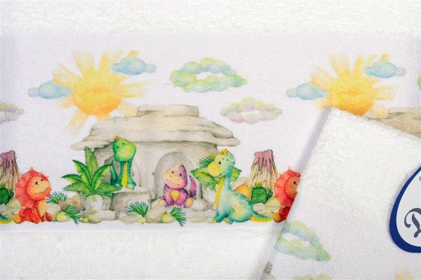 DIMcol Πετσέτα Σετ 2 τεμ Με Ψηφιακή Εκτύπωση bebe Dinosaurs 311 30X50,70X140 White 100% Cotton - Image 2