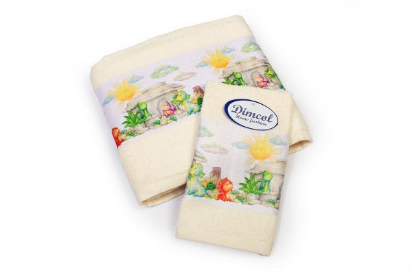 DIMcol Πετσέτα Σετ 2 τεμ Με Ψηφιακή Εκτύπωση bebe Dinosaurs 312 30X50,70X140 Ecru 100% Cotton