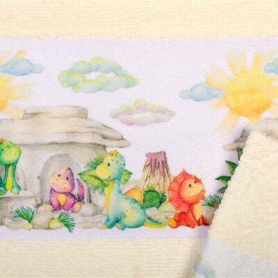 DIMcol Πετσέτα Σετ 2 τεμ Με Ψηφιακή Εκτύπωση bebe Dinosaurs 312 30X50,70X140 Ecru 100% Cotton - Image 2