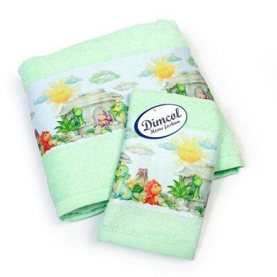 DIMcol Πετσέτα Σετ 2 τεμ Με Ψηφιακή Εκτύπωση bebe Dinosaurs 313 30X50,70X140 Mint 100% Cotton
