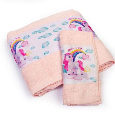 DIMcol Πετσέτα Σετ 2 τεμ Με Ψηφιακή Εκτύπωση bebe Magic Unicorn 315 30X50,70X140 Pink 100% Cotton