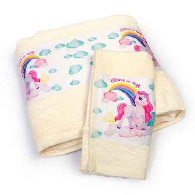 DIMcol Πετσέτα Σετ 2 τεμ Με Ψηφιακή Εκτύπωση bebe Magic Unicorn 317 30X50,70X140 Ecru 100% Cotton