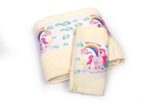 DIMcol Πετσέτα Σετ 2 τεμ Με Ψηφιακή Εκτύπωση bebe Magic Unicorn 317 30X50,70X140 Ecru 100% Cotton
