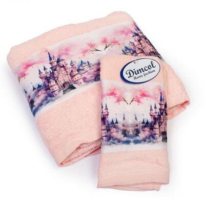 DIMcol Πετσέτα Σετ 2 τεμ Με Ψηφιακή Εκτύπωση bebe Fairytale Castle 325 30X50,70X140 Pink 100% Cotton
