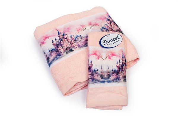 DIMcol Πετσέτα Σετ 2 τεμ Με Ψηφιακή Εκτύπωση bebe Fairytale Castle 325 30X50,70X140 Pink 100% Cotton