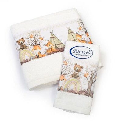 DIMcol Πετσέτα Σετ 2 τεμ Με Ψηφιακή Εκτύπωση bebe Forest Animals 335 30X50,70X140 White 100% Cotton