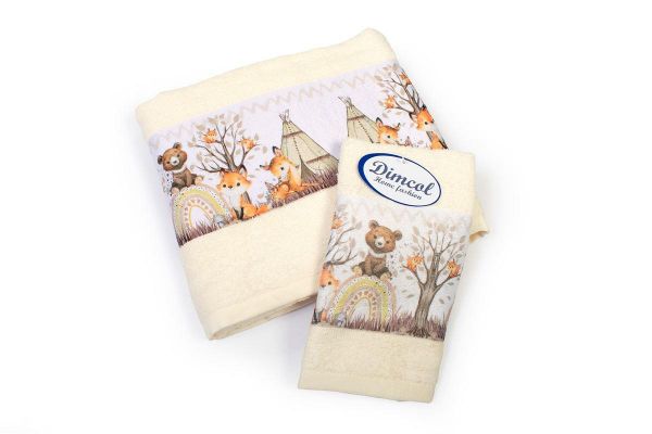 DIMcol Πετσέτα Σετ 2 τεμ Με Ψηφιακή Εκτύπωση bebe Forest Animals 336 30X50,70X140 Ecru 100% Cotton