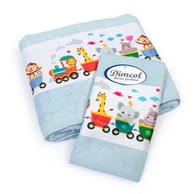 DIMcol Πετσέτα Σετ 2 τεμ Με Ψηφιακή Εκτύπωση bebe Train 345 30X50,70X140 Sky Blue 100% Cotton