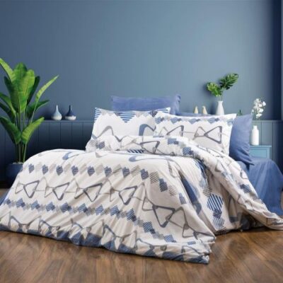 DIMcol Σεντόνια Εμπριμέ Σετ 4 τεμ Δαρεία 489 220X240 White-Blue 70/30 Cott/Pol