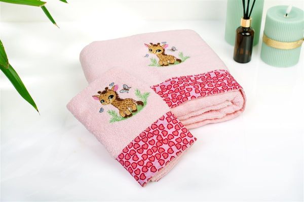 DIMcol Πετσέτα Με Κέντημα Σετ 2 τεμ bebe Giraffe 171 30X50,70X140 Pink 100% Cotton
