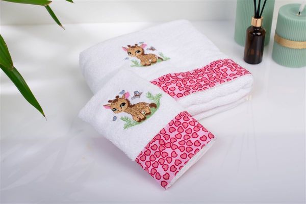DIMcol Πετσέτα Με Κέντημα Σετ 2 τεμ bebe Giraffe 172 30X50,70X140 White-Pink 100% Cotton