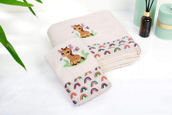 DIMcol Πετσέτα Με Κέντημα Σετ 2 τεμ bebe Giraffe 173 30X50,70X140 Ecru-Multi 100% Cotton
