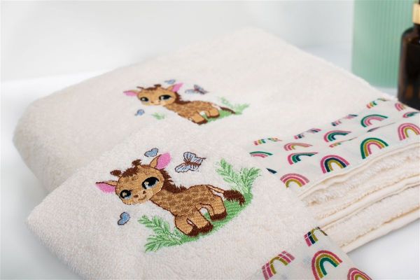 DIMcol Πετσέτα Με Κέντημα Σετ 2 τεμ bebe Giraffe 173 30X50,70X140 Ecru-Multi 100% Cotton - Image 2