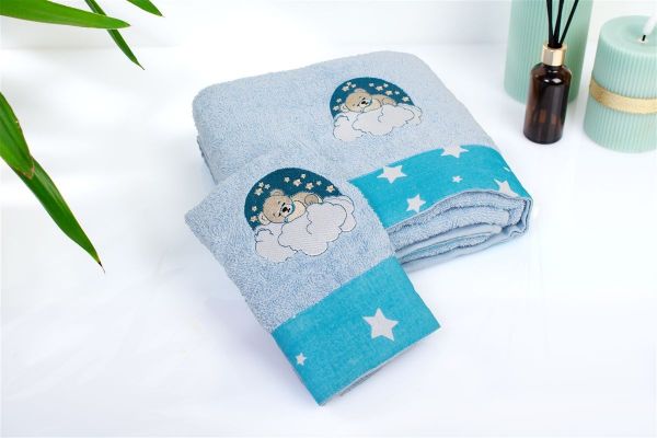 DIMcol Πετσέτα Με Κέντημα Σετ 2 τεμ bebe Cloudy Bear 175 30X50,70X140 Sky Blue 100% Cotton