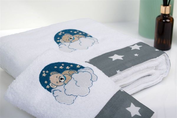 DIMcol Πετσέτα Με Κέντημα Σετ 2 τεμ bebe Cloudy Bear 176 30X50,70X140 White-Grey 100% Cotton - Image 2