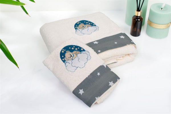 DIMcol Πετσέτα Με Κέντημα Σετ 2 τεμ bebe Cloudy Bear 177 30X50,70X140 Ecru-Grey 100% Cotton