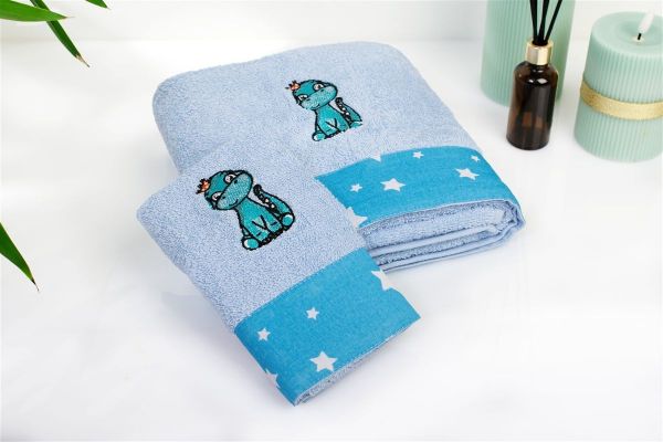 DIMcol Πετσέτα Με Κέντημα Σετ 2 τεμ bebe Dinosaur 179 30X50,70X140 Sky Blue 100% Cotton