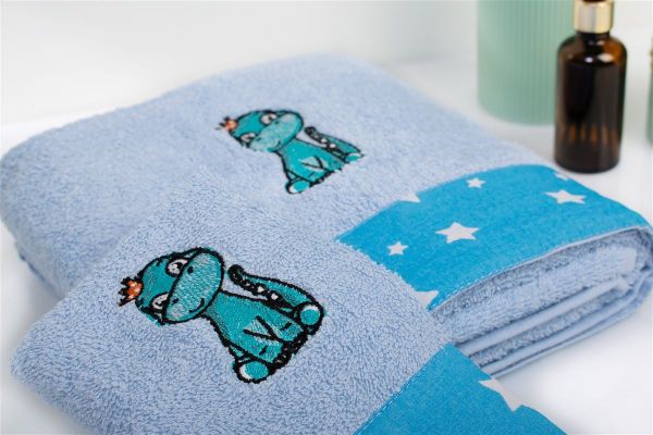 DIMcol Πετσέτα Με Κέντημα Σετ 2 τεμ bebe Dinosaur 179 30X50,70X140 Sky Blue 100% Cotton - Image 2