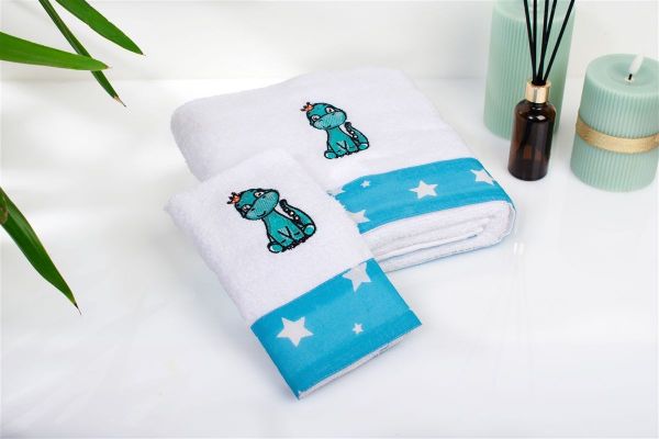 DIMcol Πετσέτα Με Κέντημα Σετ 2 τεμ bebe Dinosaur 180 30X50,70X140 White-Sky Blue 100% Cotton