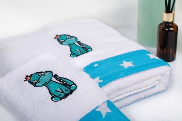 DIMcol Πετσέτα Με Κέντημα Σετ 2 τεμ bebe Dinosaur 180 30X50,70X140 White-Sky Blue 100% Cotton - Image 2