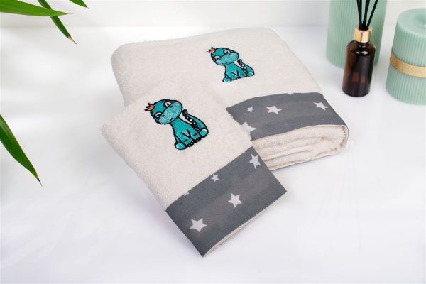 DIMcol Πετσέτα Με Κέντημα Σετ 2 τεμ bebe Dinosaur 181 30X50,70X140 Ecru-Grey 100% Cotton