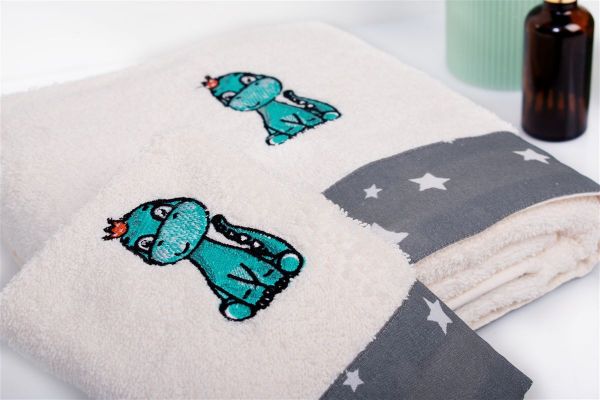 DIMcol Πετσέτα Με Κέντημα Σετ 2 τεμ bebe Dinosaur 181 30X50,70X140 Ecru-Grey 100% Cotton - Image 2