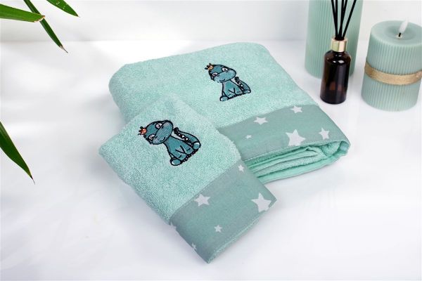 DIMcol Πετσέτα Με Κέντημα Σετ 2 τεμ bebe Dinosaur 182 30X50,70X140 Mint 100% Cotton