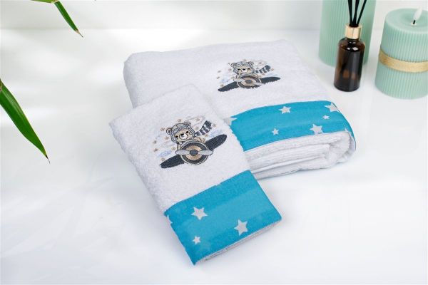 DIMcol Πετσέτα Με Κέντημα Σετ 2 τεμ bebe Aviator 184 30X50,70X140 White-Sky Blue 100% Cotton