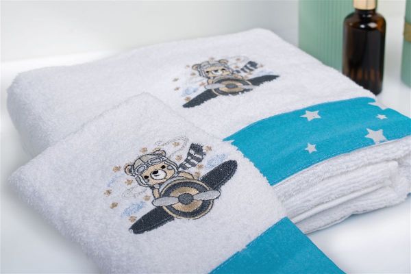 DIMcol Πετσέτα Με Κέντημα Σετ 2 τεμ bebe Aviator 184 30X50,70X140 White-Sky Blue 100% Cotton - Image 2