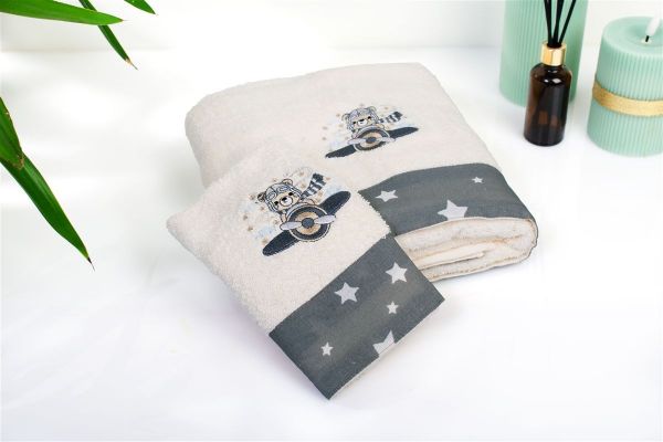 DIMcol Πετσέτα Με Κέντημα Σετ 2 τεμ bebe Aviator 185 30X50,70X140 Ecru-Grey 100% Cotton