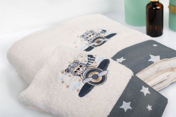 DIMcol Πετσέτα Με Κέντημα Σετ 2 τεμ bebe Aviator 185 30X50,70X140 Ecru-Grey 100% Cotton - Image 2
